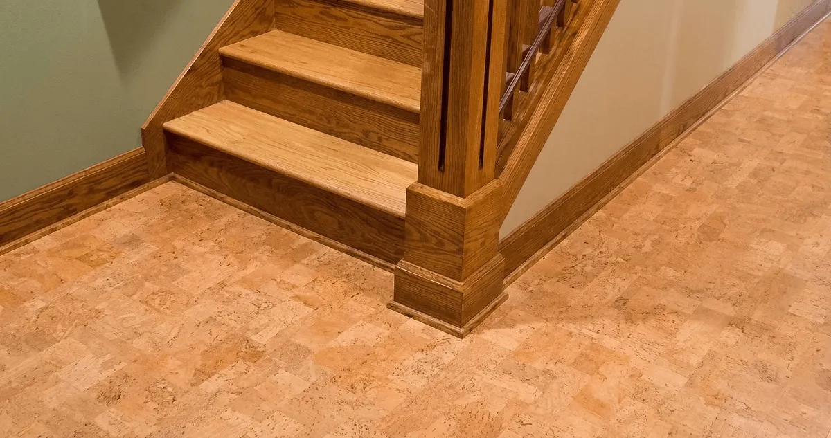 End of a staircase with cork flooring in Tacoma, WA